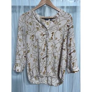 Soho New York & Company Pink Chain Key Heart Print Bubble Hem Blouse‎ Sz S